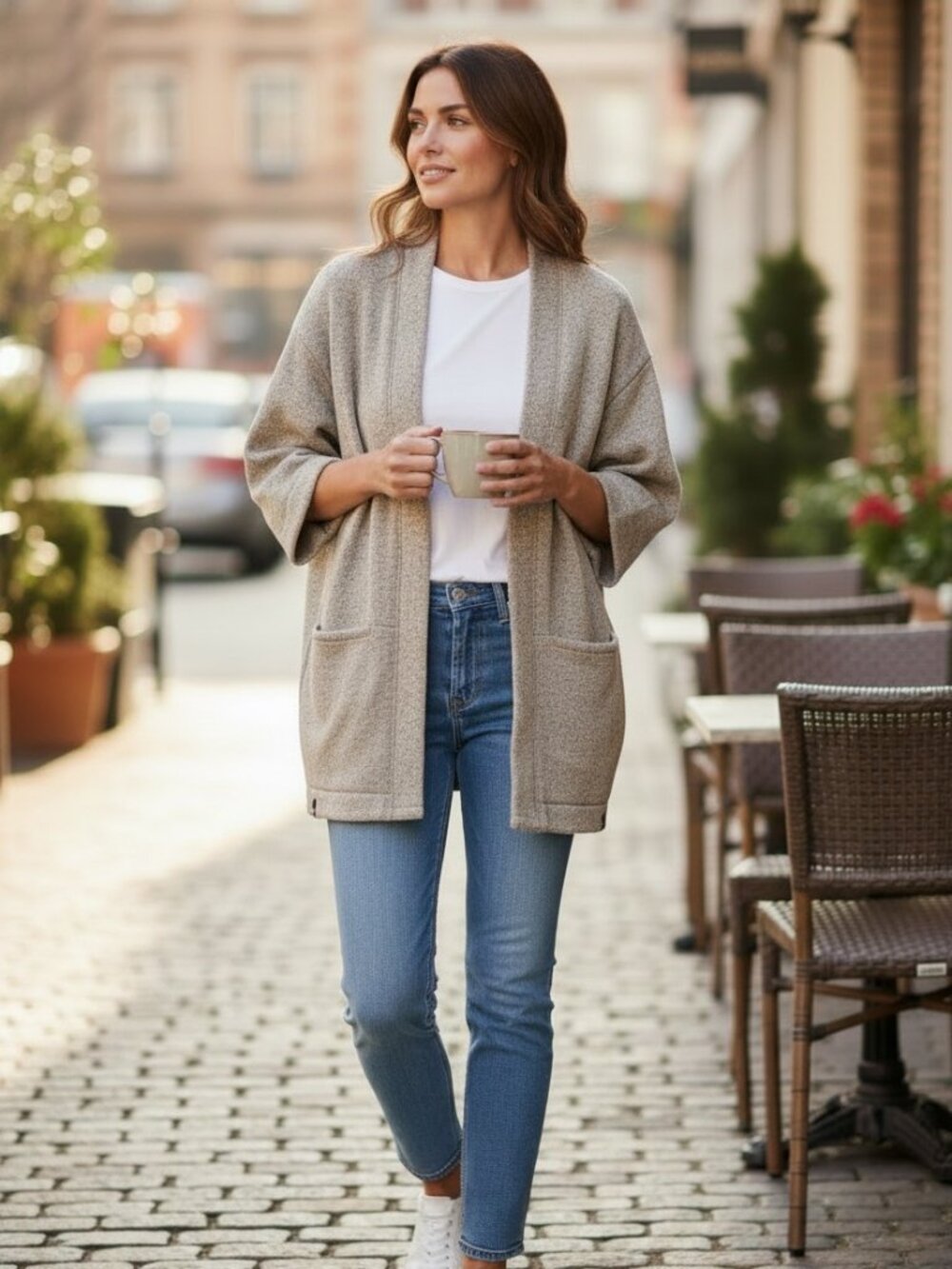 MEC Open Front Cardigan - Taupe/Sage Green/Brown - Recycled Fleece - Size M